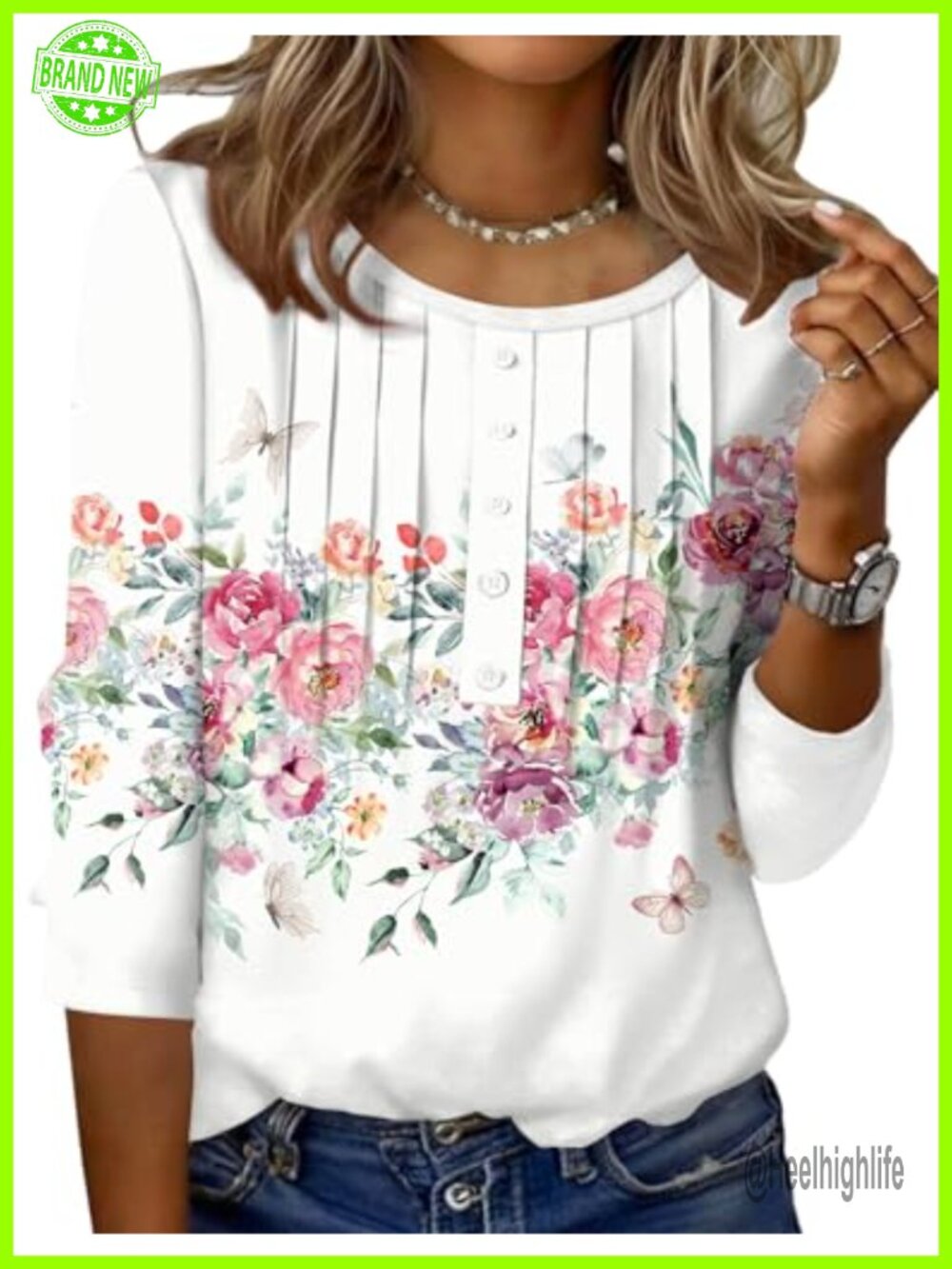 Zeagoo 3/4 Sleeve Tunic Top Round Neck Pleated Casual T-Shirt Womens